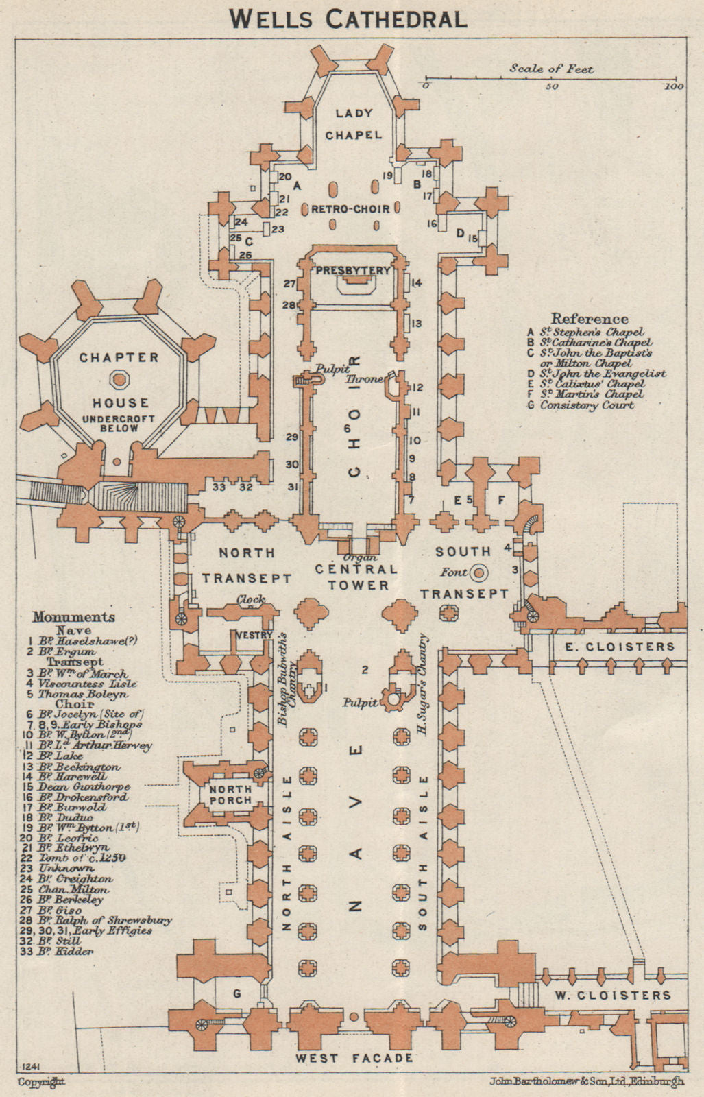 WELLS cathedral vintage floor plan. Somerset 1957 old vintage map chart